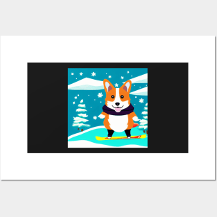Snowboarding Corgi Dog Posters and Art